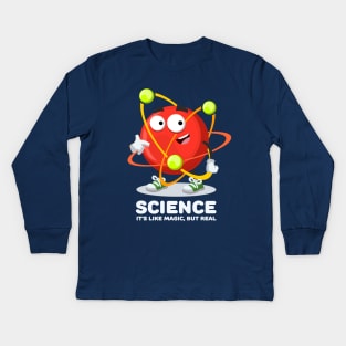 atom mascot showing himself  SCIENCE It's Like Magic, But Real Kids Long Sleeve T-Shirt